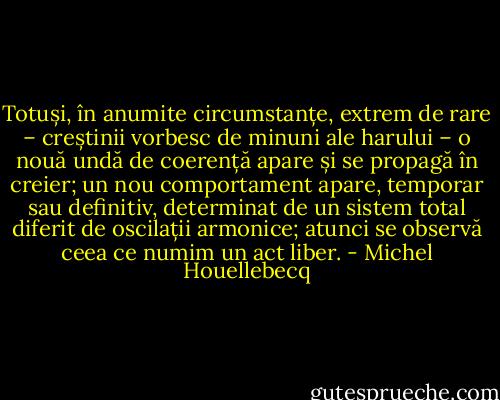 Totuși, în anumite circumstanțe, extrem de rare – creștinii vorbesc de minuni ale harului – o nouă undă de coerență apare și se propagă în creier; un nou comportament apare, temporar sau definitiv, determinat de un sistem total diferit de oscilații armonice; atunci se observă ceea ce numim un act liber. - Michel Houellebecq