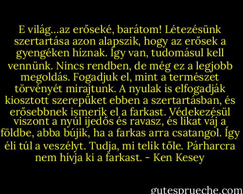 E világ…az erőseké, barátom! Létezésünk szertartása azon alapszik, hogy az erősek a gyengéken híznak. Így van, tudomásul kell vennünk. Nincs rendben, de még ez a legjobb megoldás. Fogadjuk el, mint a természet törvényét mirajtunk. A nyulak is elfogadják kiosztott szerepüket ebben a szertartásban, és erősebbnek ismerik el a farkast. Védekezésül viszont a nyúl ijedős és ravasz, és likat váj a földbe, abba bújik, ha a farkas arra csatangol. Így éli túl a veszélyt. Tudja, mi telik tőle. Párharcra nem hívja ki a farkast. - Ken Kesey