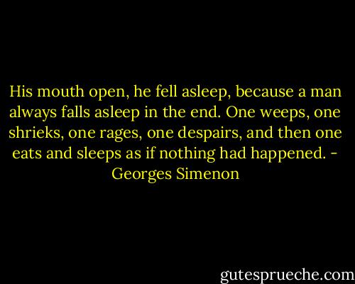 His mouth open, he fell asleep, because a man always falls asleep in the end. One weeps, one shrieks, one rages, one despairs, and then one eats and sleeps as if nothing had happened. - Georges Simenon
