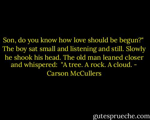 Son, do you know how love should be begun?"<br /><br />The boy sat small and listening and still. Slowly he shook his head. The old man leaned closer and whispered:<br /><br />"A tree. A rock. A cloud. - Carson McCullers