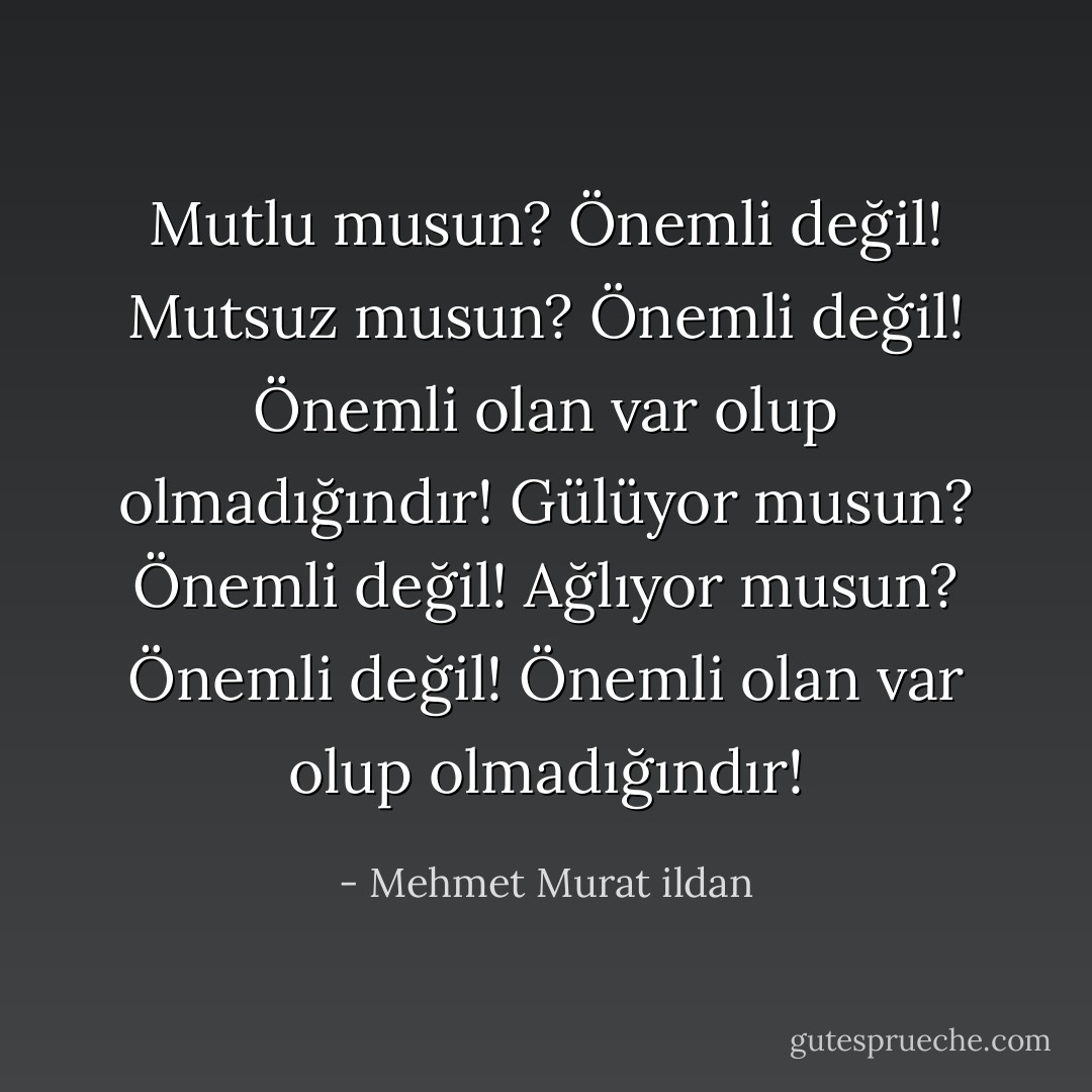 Mutlu musun? Önemli değil! Mutsuz musun? Önemli değil! Önemli olan var olup olmadığındır! Gülüyor musun? Önemli değil! Ağlıyor musun? Önemli değil! Önemli olan var olup olmadığındır! - Mehmet Murat ildan