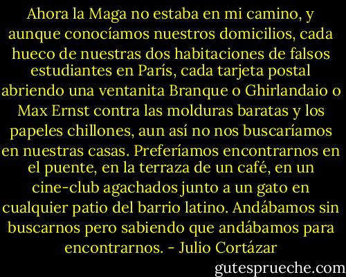 Ahora la Maga no estaba en mi camino, y aunque conocíamos nuestros domicilios, cada hueco de nuestras dos habitaciones de falsos estudiantes en París, cada tarjeta postal abriendo una ventanita Branque o Ghirlandaio o Max Ernst contra las molduras baratas y los papeles chillones, aun así no nos buscaríamos en nuestras casas. Preferíamos encontrarnos en el puente, en la terraza de un café, en un cine-club agachados junto a un gato en cualquier patio del barrio latino. Andábamos sin buscarnos pero sabiendo que andábamos para encontrarnos. - Julio Cortázar