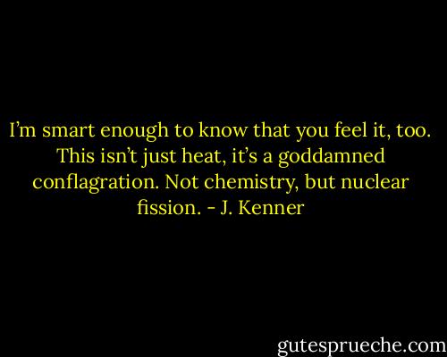 I’m smart enough to know that you feel it, too. This isn’t just heat, it’s a goddamned conflagration. Not chemistry, but nuclear fission. - J. Kenner