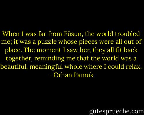 When I was far from Füsun, the world troubled me; it was a puzzle whose pieces were all out of place. The moment I saw her, they all fit back together, reminding me that the world was a beautiful, meaningful whole where I could relax. - Orhan Pamuk