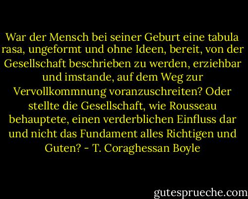 War der Mensch bei seiner Geburt eine tabula rasa, ungeformt und ohne Ideen, bereit, von der Gesellschaft beschrieben zu werden, erziehbar und imstande, auf dem Weg zur Vervollkommnung voranzuschreiten? Oder stellte die Gesellschaft, wie Rousseau behauptete, einen verderblichen Einfluss dar und nicht das Fundament alles Richtigen und Guten? - T. Coraghessan Boyle
