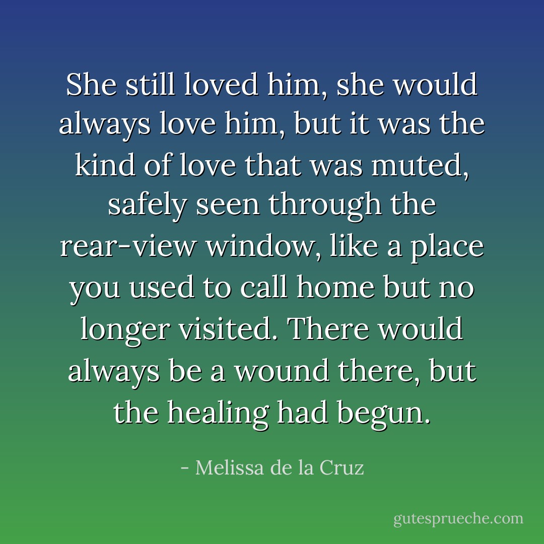 She still loved him, she would always love him, but it was the kind of love that was muted, safely seen through the rear-view window, like a place you used to call home but no longer visited. There would always be a wound there, but the healing had begun. - Melissa de la Cruz
