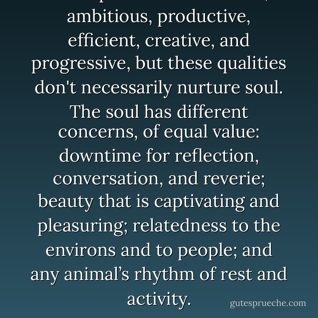 It's important to be heroic, ambitious, productive, efficient, creative, and progressive, but these qualities don't necessarily nurture soul. The soul has different concerns, of equal value: downtime for reflection, conversation, and reverie; beauty that is captivating and pleasuring; relatedness to the environs and to people; and any animal’s rhythm of rest and activity. - Thomas   Moore