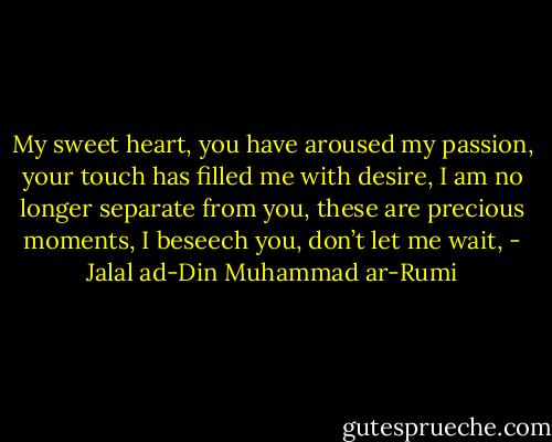My sweet heart,<br />you have aroused my passion,<br />your touch has filled me with desire,<br />I am no longer separate from you,<br />these are precious moments,<br />I beseech you,<br />don’t let me wait, - Jalal ad-Din Muhammad ar-Rumi
