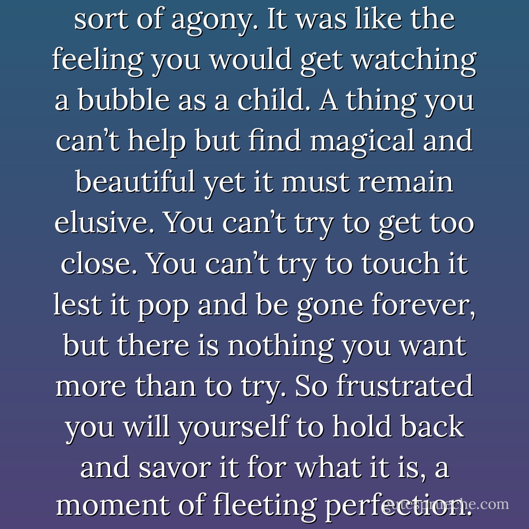 My time with Eli was a sweet sort of agony. It was like the feeling you would get watching a bubble as a child. A thing you can’t help but find magical and beautiful yet it must remain elusive. You can’t try to get too close. You can’t try to touch it lest it pop and be gone forever, but there is nothing you want more than to try. So frustrated you will yourself to hold back and savor it for what it is, a moment of fleeting perfection. - Jennifer Mardoll