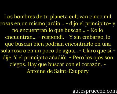 Los hombres de tu planeta cultivan cinco mil rosas en un mismo jardín... - dijo el principito- y no encuentran lo que buscan...<br />- No lo encuentran... - respondí.<br />- Y sin embargo, lo que buscan bien podrían encontrarlo en una sola rosa o en un poco de agua...<br />- Claro que sí - dije.<br />Y el principito añadió: <br />- Pero los ojos son ciegos. Hay que buscar con el corazón. - Antoine de Saint-Exupéry