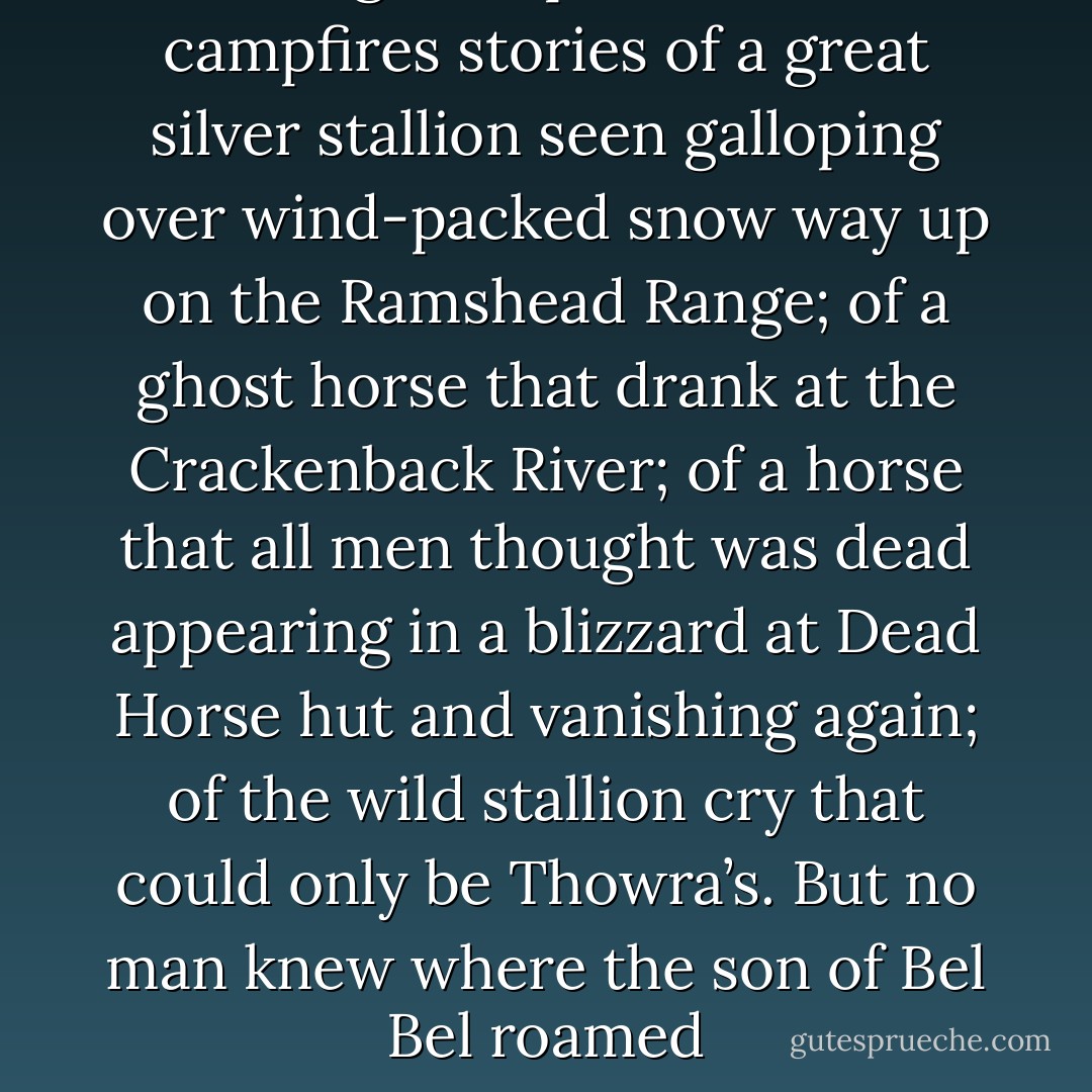there grew up around the campfires stories of a great silver stallion seen galloping over wind-packed snow way up on the Ramshead Range; of a ghost horse that drank at the Crackenback River; of a horse that all men thought was dead appearing in a blizzard at Dead Horse hut and vanishing again; of the wild stallion cry that could only be Thowra’s. But no man knew where the son of Bel Bel roamed - Elyne Mitchell