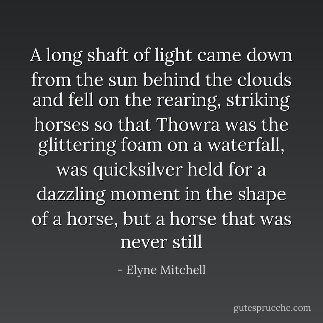 A long shaft of light came down from the sun behind the clouds and fell on the rearing, striking horses so that Thowra was the glittering foam on a waterfall, was quicksilver held for a dazzling moment in the shape of a horse, but a horse that was never still - Elyne Mitchell
