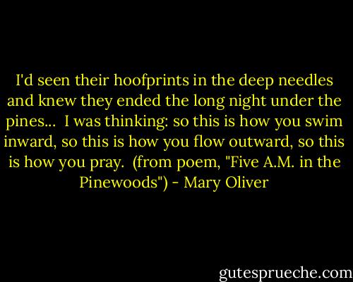 I'd seen<br />their hoofprints in the deep<br />needles and knew<br />they ended the long night<br />under the pines...<br /><br />I was thinking:<br />so this is how you swim inward,<br />so this is how you flow outward,<br />so this is how you pray.<br /><br />(from poem, "Five A.M. in the Pinewoods") - Mary Oliver