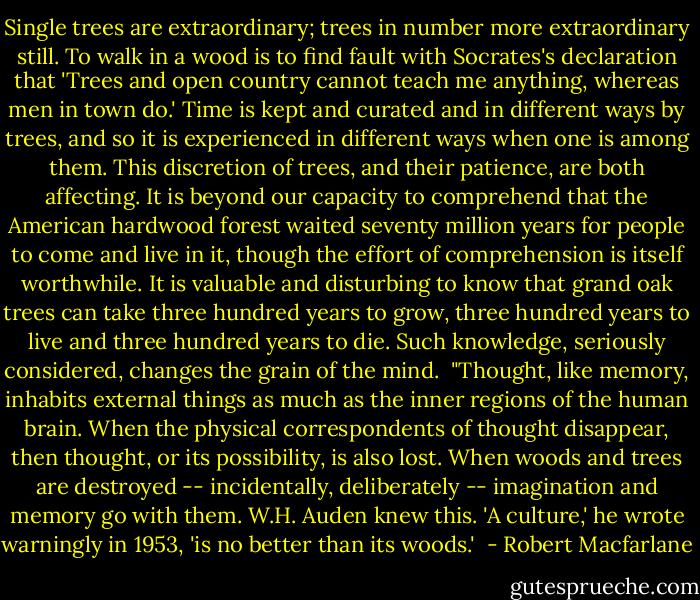 Single trees are extraordinary; trees in number more extraordinary still. To walk in a wood is to find fault with Socrates's declaration that 'Trees and open country cannot teach me anything, whereas men in town do.' Time is kept and curated and in different ways by trees, and so it is experienced in different ways when one is among them. This discretion of trees, and their patience, are both affecting. It is beyond our capacity to comprehend that the American hardwood forest waited seventy million years for people to come and live in it, though the effort of comprehension is itself worthwhile. It is valuable and disturbing to know that grand oak trees can take three hundred years to grow, three hundred years to live and three hundred years to die. Such knowledge, seriously considered, changes the grain of the mind.<br /><br />"Thought, like memory, inhabits external things as much as the inner regions of the human brain. When the physical correspondents of thought disappear, then thought, or its possibility, is also lost. When woods and trees are destroyed -- incidentally, deliberately -- imagination and memory go with them. W.H. Auden knew this. 'A culture,' he wrote warningly in 1953, 'is no better than its woods.'  - Robert Macfarlane