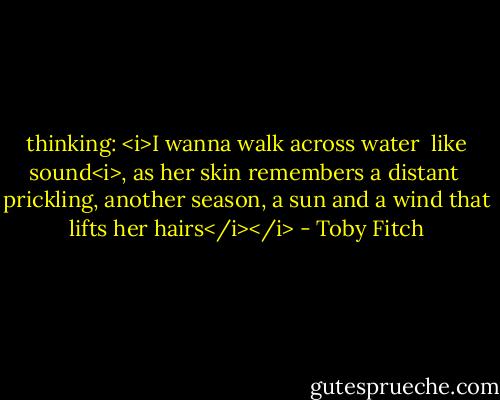 thinking: <i>I wanna walk across water<br /><br />like sound<i>, as her skin remembers a distant <br />prickling, another season,<br />a sun and a wind that lifts her hairs</i></i> - Toby Fitch