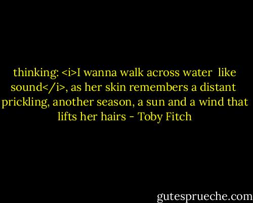 thinking: <i>I wanna walk across water<br /><br />like sound</i>, as her skin remembers a distant <br />prickling, another season,<br />a sun and a wind that lifts her hairs - Toby Fitch
