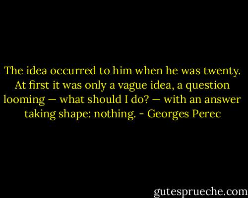 The idea occurred to him when he was twenty. At first it was only a vague idea, a question looming — what should I do? — with an answer taking shape: nothing. - Georges Perec