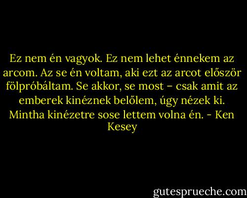 Ez nem én vagyok. Ez nem lehet énnekem az arcom. Az se én voltam, aki ezt az arcot először fölpróbáltam. Se akkor, se most – csak amit az emberek kinéznek belőlem, úgy nézek ki. Mintha kinézetre sose lettem volna én. - Ken Kesey