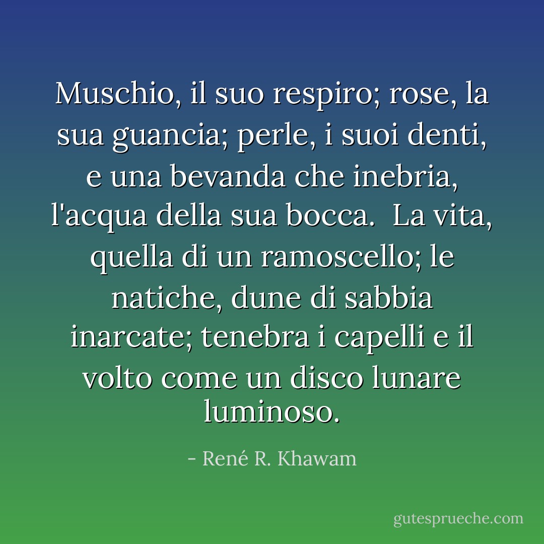 Muschio, il suo respiro;<br />rose, la sua guancia;<br />perle, i suoi denti, e una bevanda<br />che inebria, l'acqua della sua bocca.<br /><br />La vita, quella di un ramoscello;<br />le natiche, dune di sabbia inarcate;<br />tenebra i capelli e il volto<br />come un disco lunare luminoso. - René R. Khawam