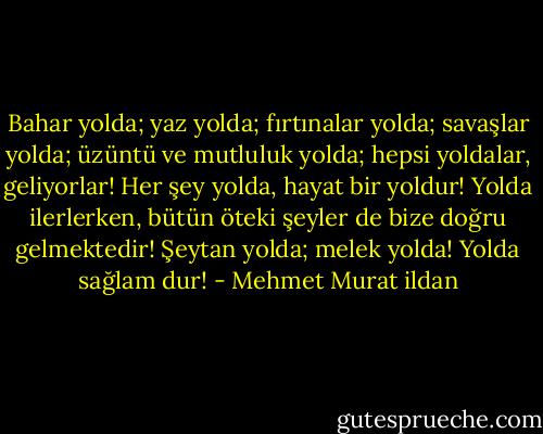 Bahar yolda; yaz yolda; fırtınalar yolda; savaşlar yolda; üzüntü ve mutluluk yolda; hepsi yoldalar, geliyorlar! Her şey yolda, hayat bir yoldur! Yolda ilerlerken, bütün öteki şeyler de bize doğru gelmektedir! Şeytan yolda; melek yolda! Yolda sağlam dur! - Mehmet Murat ildan
