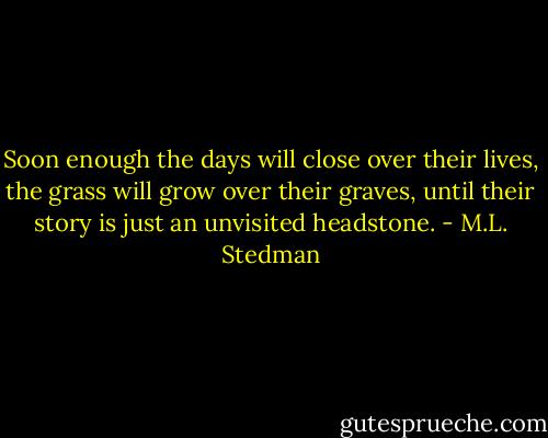 Soon enough the days will close over their lives, the grass will grow over their graves, until their story is just an unvisited headstone. - M.L. Stedman