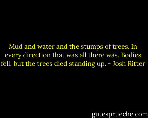 Mud and water and the stumps of trees. In every direction that was all there was. Bodies fell, but the trees died standing up. - Josh Ritter