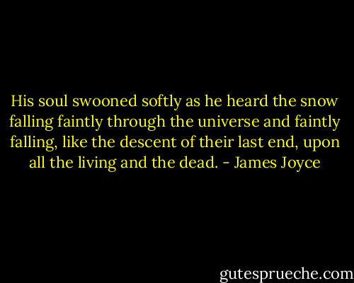His soul swooned softly as he heard the snow falling faintly through the universe and faintly falling, like the descent of their last end, upon all the living and the dead. - James Joyce