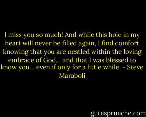 I miss you so much! And while this hole in my heart will never be filled again, I find comfort knowing that you are nestled within the loving embrace of God… and that I was blessed to know you… even if only for a little while. - Steve Maraboli
