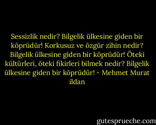 Sessizlik nedir? Bilgelik ülkesine giden bir köprüdür! Korkusuz ve özgür zihin nedir? Bilgelik ülkesine giden bir köprüdür! Öteki kültürleri, öteki fikirleri bilmek nedir? Bilgelik ülkesine giden bir köprüdür! - Mehmet Murat ildan