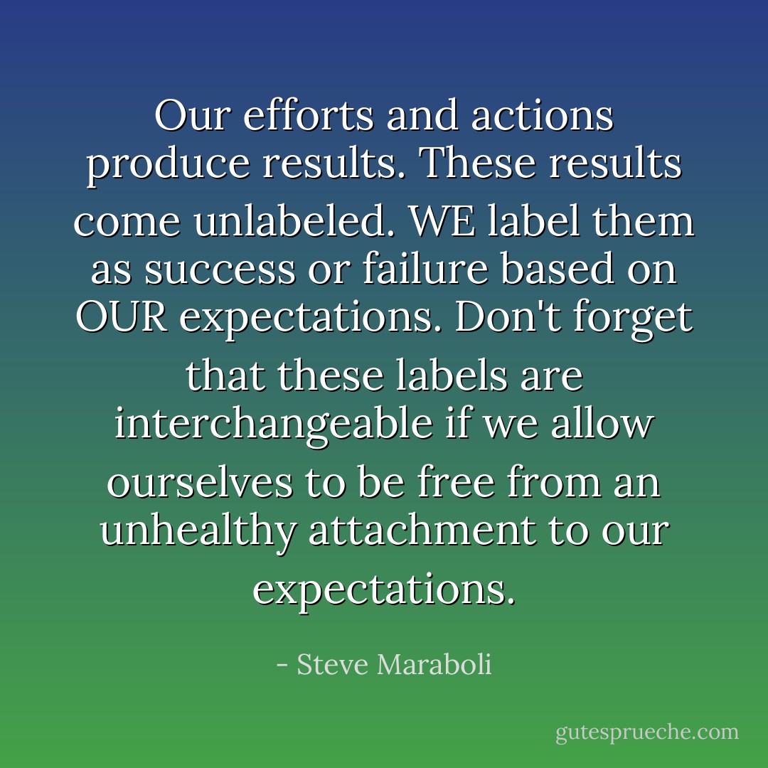 Our efforts and actions produce results. These results come unlabeled. WE label them as success or failure based on OUR expectations. Don't forget that these labels are interchangeable if we allow ourselves to be free from an unhealthy attachment to our expectations. - Steve Maraboli