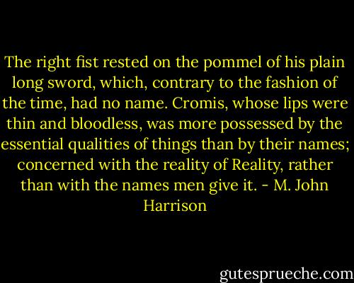 The right fist rested on the pommel of his plain long sword, which, contrary to the fashion of the time, had no name. Cromis, whose lips were thin and bloodless, was more possessed by the essential qualities of things than by their names; concerned with the reality of Reality, rather than with the names men give it. - M. John Harrison