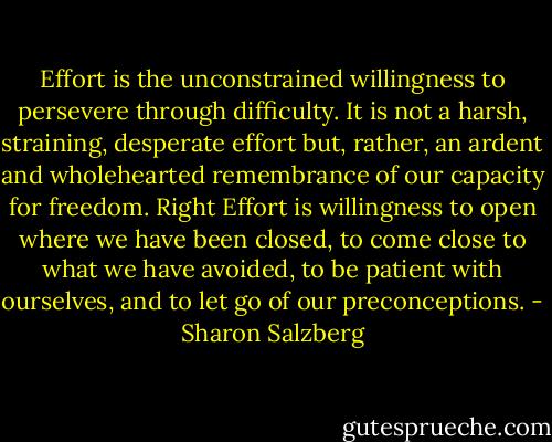 Effort is the unconstrained willingness to persevere through difficulty. It is not a harsh, straining, desperate effort but, rather, an ardent and wholehearted remembrance of our capacity for freedom. Right Effort is willingness to open where we have been closed, to come close to what we have avoided, to be patient with ourselves, and to let go of our preconceptions. - Sharon Salzberg