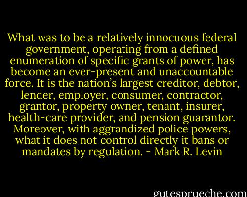 What was to be a relatively innocuous federal government, operating from a defined enumeration of specific grants of power, has become an ever-present and unaccountable force. It is the nation’s largest creditor, debtor, lender, employer, consumer, contractor, grantor, property owner, tenant, insurer, health-care provider, and pension guarantor. Moreover, with aggrandized police powers, what it does not control directly it bans or mandates by regulation. - Mark R. Levin