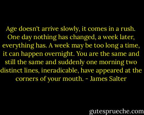 Age doesn't arrive slowly, it comes in a rush. One day nothing has changed, a week later, everything has. A week may be too long a time, it can happen overnight. You are the same and still the same and suddenly one morning two distinct lines, ineradicable, have appeared at the corners of your mouth. - James Salter