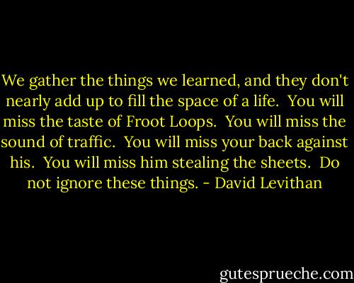 We gather the things we learned, and they don't nearly add up to fill the space of a life.<br /> You will miss the taste of Froot Loops.<br /> You will miss the sound of traffic.<br /> You will miss your back against his.<br /> You will miss him stealing the sheets.<br /> Do not ignore these things. - David Levithan