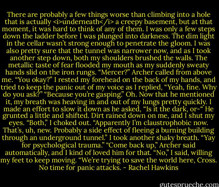 There are probably a few things worse than climbing into a hole that is actually <i>underneath</i> a creepy basement, but at that moment, it was hard to think of any of them.<br />I was only a few steps down the ladder before I was plunged into darkness. The dim light in the cellar wasn’t strong enough to penetrate the gloom. I was also pretty sure that the tunnel was narrower now, and as I took another step down, both my shoulders brushed the walls.<br />The metallic taste of fear flooded my mouth as my suddenly sweaty hands slid on the iron rungs.<br />“Mercer?” Archer called from above me. “You okay?”<br />I rested my forehead on the back of my hands, and tried to keep the panic out of my voice as I replied, “Yeah, fine. Why do you ask?”<br />“Because you’re gasping.”<br />Oh. Now that he mentioned it, my breath was heaving in and out of my lungs pretty quickly. I made an effort to slow it down as he asked, “Is it the dark, or-“ He grunted a little and shifted. Dirt rained down on me, and I shut my eyes.<br />“Both,” I choked out. “Apparently I’m claustrophobic now. That’s, uh, new. Probably a side effect of fleeing a burning building through an underground tunnel.” I took another shaky breath. “Yay for psychological trauma.”<br />“Come back up,” Archer said automatically, and I kind of loved him for that.<br />“No,” I said, willing my feet to keep moving. “We’re trying to save the world here, Cross. No time for panic attacks. - Rachel Hawkins