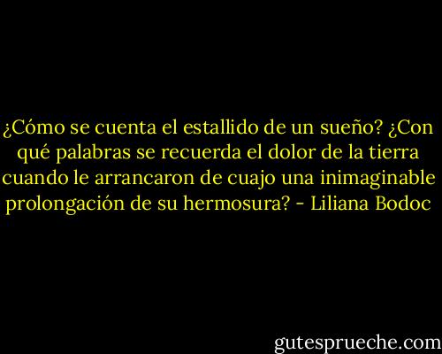 ¿Cómo se cuenta el estallido de un sueño? ¿Con qué palabras se recuerda el dolor de la tierra cuando le arrancaron de cuajo una inimaginable prolongación de su hermosura? - Liliana Bodoc