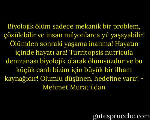 Biyolojik ölüm sadece mekanik bir problem, çözülebilir ve insan milyonlarca yıl yaşayabilir! Ölümden sonraki yaşama inanma! Hayatın içinde hayatı ara! Turritopsis nutricula denizanası biyolojik olarak ölümsüzdür ve bu küçük canlı bizim için büyük bir ilham kaynağıdır! Olumlu düşünen, hedefine varır! - Mehmet Murat ildan