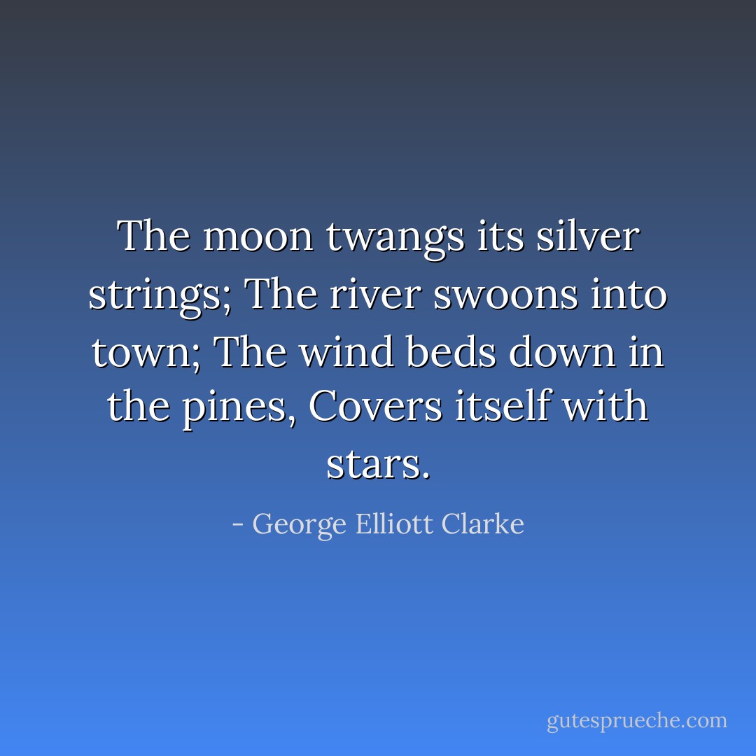 The moon twangs its silver strings;<br />The river swoons into town;<br />The wind beds down in the pines,<br />Covers itself with stars. - George Elliott Clarke