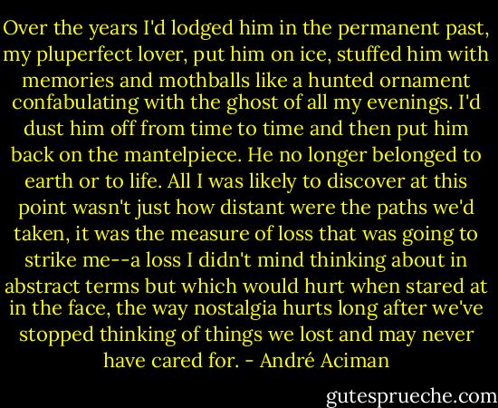 Over the years I'd lodged him in the permanent past, my pluperfect lover, put him on ice, stuffed him with memories and mothballs like a hunted ornament confabulating with the ghost of all my evenings. I'd dust him off from time to time and then put him back on the mantelpiece. He no longer belonged to earth or to life. All I was likely to discover at this point wasn't just how distant were the paths we'd taken, it was the measure of loss that was going to strike me--a loss I didn't mind thinking about in abstract terms but which would hurt when stared at in the face, the way nostalgia hurts long after we've stopped thinking of things we lost and may never have cared for. - André Aciman