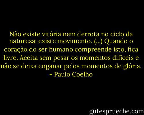 Não existe vitória nem derrota no ciclo da natureza: existe movimento. (...) Quando o coração do ser humano compreende isto, fica livre. Aceita sem pesar os momentos difíceis e não se deixa enganar pelos momentos de glória. - Paulo Coelho