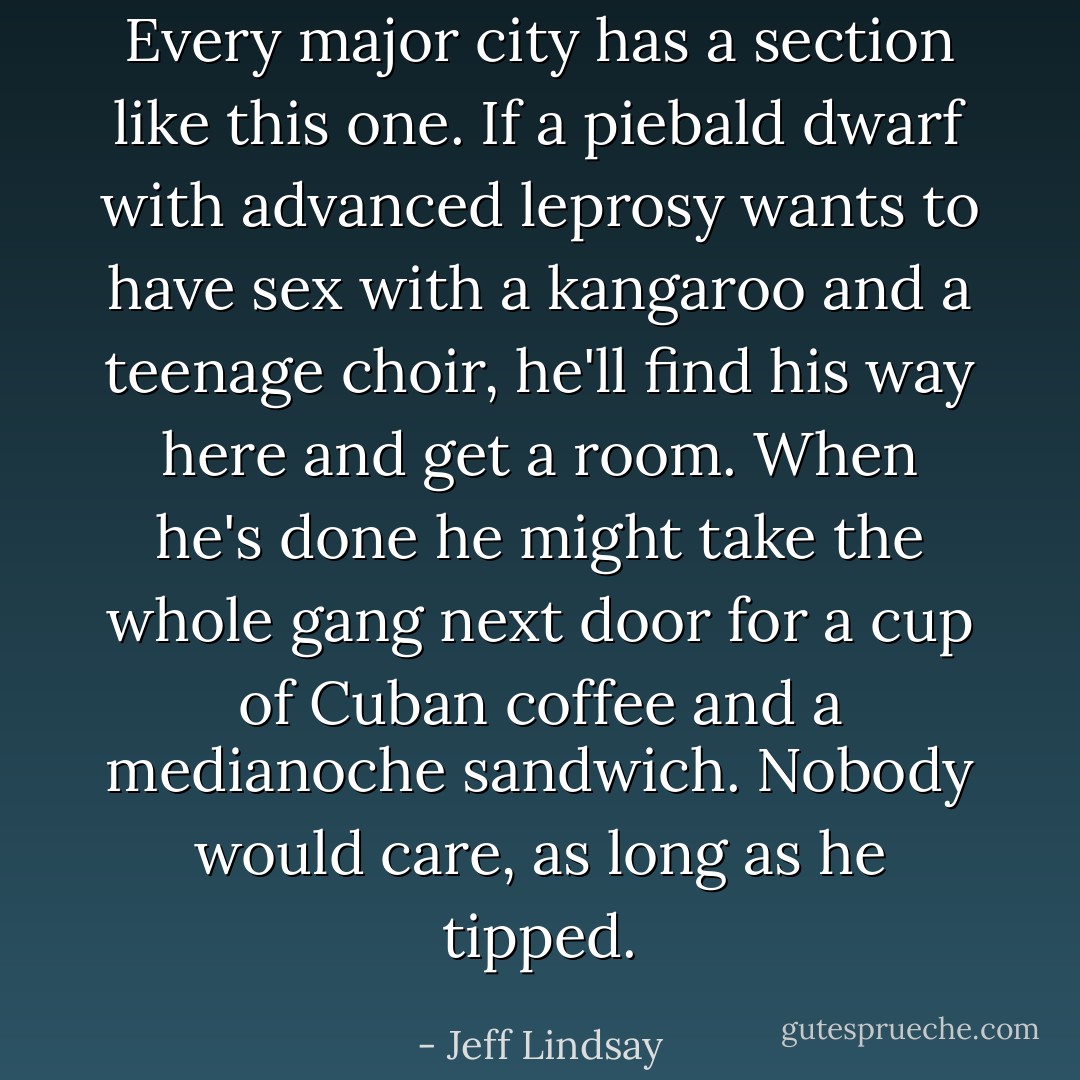 Every major city has a section like this one. If a piebald dwarf with advanced leprosy wants to have sex with a kangaroo and a teenage choir, he'll find his way here and get a room. When he's done he might take the whole gang next door for a cup of Cuban coffee and a <i>medianoche</i> sandwich. Nobody would care, as long as he tipped. - Jeff Lindsay