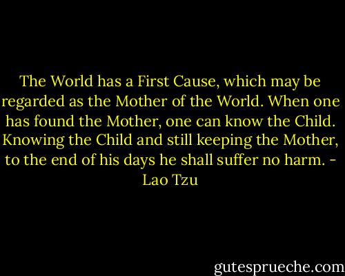 The World has a First Cause, which may be regarded as the Mother of the World. When one has found the Mother, one can know the Child. Knowing the Child and still keeping the Mother, to the end of his days he shall suffer no harm. - Lao Tzu
