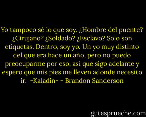 Yo tampoco sé lo que soy. ¿Hombre del puente? ¿Cirujano? ¿Soldado? ¿Esclavo? Solo son etiquetas. Dentro, soy yo. Un yo muy distinto del que era hace un año, pero no puedo preocuparme por eso, así que sigo adelante y espero que mis pies me lleven adonde necesito ir.<br /><br />-Kaladin- - Brandon Sanderson