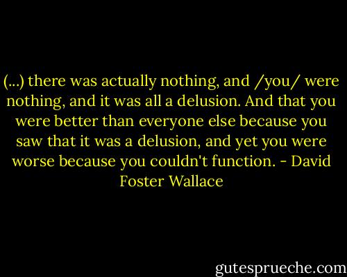 (...) there was actually nothing, and /you/ were nothing, and it was all a delusion. And that you were better than everyone else because you saw that it was a delusion, and yet you were worse because you couldn't function. - David Foster Wallace