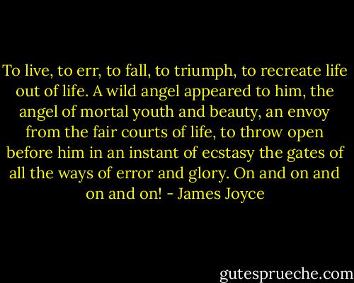To live, to err, to fall, to triumph, to recreate life out of life. A wild angel appeared to him, the angel of mortal youth and beauty, an envoy from the fair courts of life, to throw open before him in an instant of ecstasy the gates of all the ways of error and glory. On and on and on and on! - James Joyce