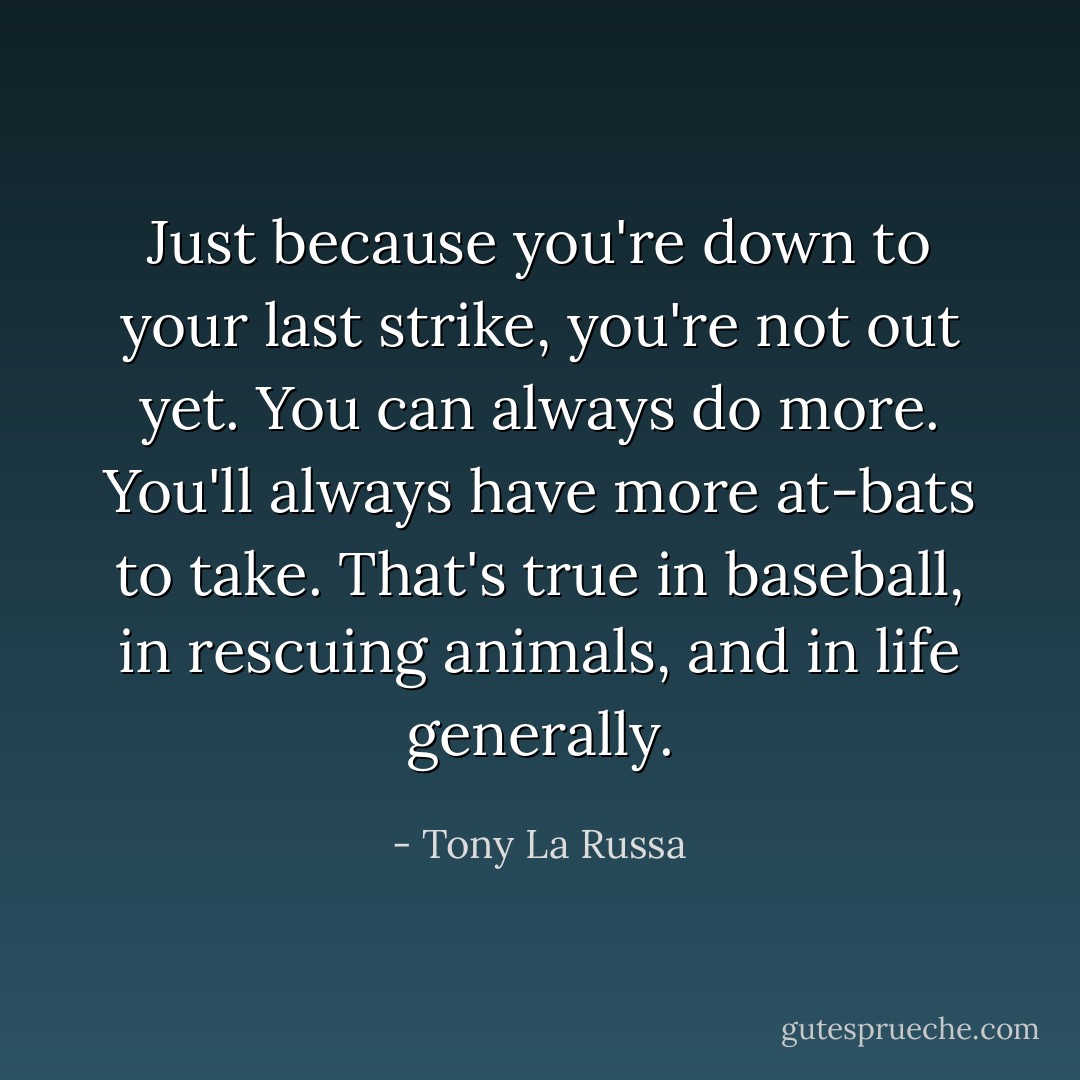Just because you're down to your last strike, you're not out yet. You can always do more. You'll always have more at-bats to take. That's true in baseball, in rescuing animals, and in life generally. - Tony La Russa