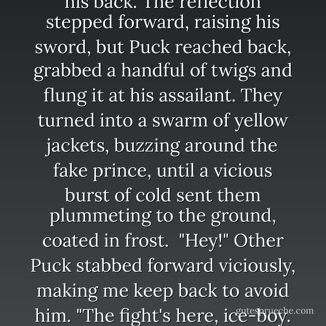 Over my opponent's shoulder, I saw Other Ash block an upward strike, then lash out with a kick that sent Puck sprawling onto his back. The reflection stepped forward, raising his sword, but Puck reached back, grabbed a handful of twigs and flung it at his assailant. They turned into a swarm of yellow jackets, buzzing around the fake prince, until a vicious burst of cold sent them plummeting to the ground, coated in frost.<br /><br />"Hey!" Other Puck stabbed forward viciously, making me keep back to avoid him. "The fight's here, ice-boy. Don't worry about your boyfriend, worry about yourself. - Julie Kagawa