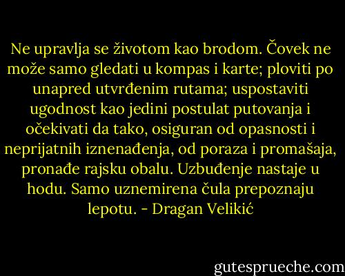 Ne upravlja se životom kao brodom. Čovek ne može samo gledati u kompas i karte; ploviti po unapred utvrđenim rutama; uspostaviti ugodnost kao jedini postulat putovanja i očekivati da tako, osiguran od opasnosti i neprijatnih iznenađenja, od poraza i promašaja, pronađe rajsku obalu. Uzbuđenje nastaje u hodu. Samo uznemirena čula prepoznaju lepotu. - Dragan Velikić