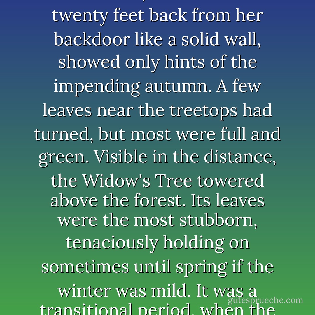 It was still late summer elsewhere, but here, high in Appalachia, fall was coming; for the last three mornings, she'd been able to see her breath. <br /><br />The woods, which started twenty feet back from her backdoor like a solid wall, showed only hints of the impending autumn. A few leaves near the treetops had turned, but most were full and green. Visible in the distance, the Widow's Tree towered above the forest. Its leaves were the most stubborn, tenaciously holding on sometimes until spring if the winter was mild. It was a transitional period, when the world changed its cycle and opened a window during which people might also change, if they had the inclination. - Alex Bledsoe